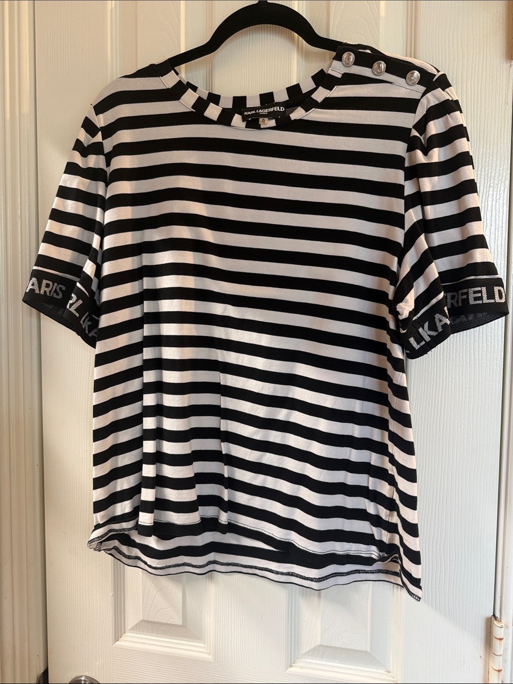 Karl Lagerfeld Black and White Striped Short Sleeve Tee with Shoulder Buttons